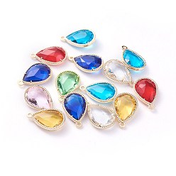 Mixed Color Glass Pendants, with Eco-Friendly Alloy Open Back Berzel Findings, Faceted, teardrop, Light Gold, Mixed Color, 18x12x5mm, Hole: 1.4mm