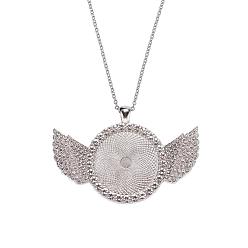Platinum Alloy Big Pendants Cabochon Settings, with Crystal Rhinestone, Cadmium Free & Lead Free, Flat Round with Wing, Platinum, Tray: 30mm, 46x68x4mm, Hole: 5.5x3.5mm