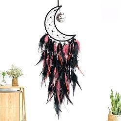 Moon Gothic Style Iron Woven Web/Net with Feather Pendant Decorations, with Mixed Crystal Beads, Covered Wax Cord, Moon, 740x200mm