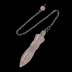 Rose Quartz Natural Rose Quartz Pointed Dowsing Pendulums, with 304 Stainless Steel Chains, Bullet Charm, 243mm, Bullet: 60x12.5mm, Hole: 3mm