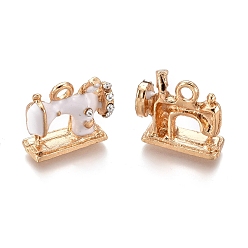 White Alloy Pendants, with Enamel and Crystal Rhinestone, Sewing Machine, Golden, White, 13.5x16x6mm, Hole: 2mm