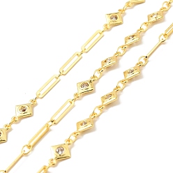 Golden Rack Plating Brass Rhombus & Oval Link Chains, with Clear Cubic Zirconia, Long-Lasting Plated, Soldered, with Spool, Cadmium Free & Lead Free, Golden, 10.5x6.5x1.5mm, 10x2x0.5mm