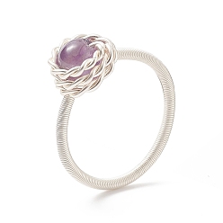 Amethyst Natural Amethyst Round Finger Ring, Silver Copper Wire Wrapped Jewelry for Women, US Size 8 1/2(18.5mm)