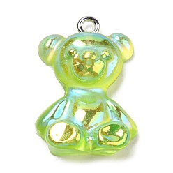 Verde Claro Colgantes de resina transparente, Charms de osos iridiscentes con aros de hierro chapados en platino., verde claro, 24.5~25.5x17~18x8~8.5 mm, agujero: 1.8 mm