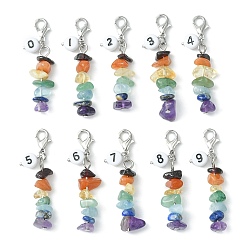 Mixed Stone Chakra Natural Gemstone Chips Pendant Decoration, with Flat Round and Black Number Acrylic Beads, Zinc Alloy Lobster Claw Clasps, 44~49mm, 10pcs/set