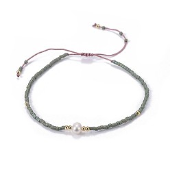 Vert Olive Foncé Nylon réglable bracelets cordon tressé de perles, avec perles de rocaille et perle japonaises, vert olive foncé, 2 pouces ~ 2-3/4 pouces (5~7.1 cm)