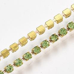Peridot Brass Claw Chain Stretch Bracelets, with Rhinestone, Golden, Peridot, 2 inch(5cm), 2mm