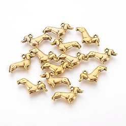 Antique Golden Tibetan Style Alloy Puppy Pendants, Sausage Dog/Dachshund Charms, Cadmium Free & Nickel Free & Lead Free, Antique Golden, 13x18x4mm, Hole: 2mm, about 584pcs/1000g