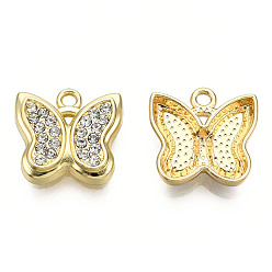 Light Gold Rack Plating Alloy Pendants, with Crystal Rhinestone, Cadmium Free & Nickel Free & Lead Free, Butterfly, Light Gold, 14.5x15x3mm, Hole: 1.6mm