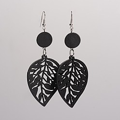 Black Trendy Leaf Wood Dangle Earrings, with Platinum Plated Iron Earring Hooks, Black, 90x34mm, Pin: 0.8mm