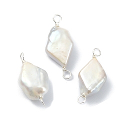 Silver Natural Baroque Pearl Keshi Pearl Copper Wire Wrapped Connector Charms, Cultured Freshwater Pearl Rhombus Links, Silver, 24~28x9~11.5x4.5~6mm, Hole: 3mm