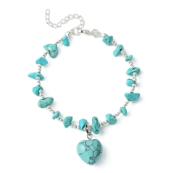 Synthetic Turquoise Synthetic Turquoise Heart Charm Bracelet with Chips Beaded Chains, Brass Bracelet, 9 inch(22.8cm)