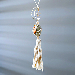 Ocean Agate Hanging Moon Star Braided Macrame Ornaments, Tumbled Ocean Agate Pendant Decorations, with Cotton Tassel, 230mm