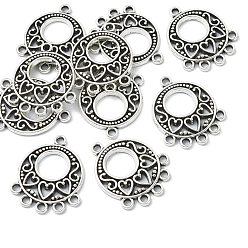 Antique Silver Tibetan Style Alloy Chandelier Component Links, Hollow-out, Cadmium Free & Lead Free, Flat Round with Heart, Antique Silver, 24x20x2mm, Hole: 1.8mm