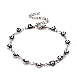 Noir Coeur en émail avec bracelet chaînes à maillons mauvais œil, 304 bijoux en acier inoxydable pour femmes, couleur inox, noir, 6-7/8 pouce (17.5 cm)