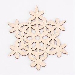 Blanco Antiguo Cuentas de madera natural sin teñir, copo de nieve, Para el tema de Navidad, blanco antiguo, 100x110x2.5 mm, agujero: 6.5 mm
