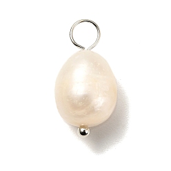 Platine Pendentifs de perles d'eau douce de culture naturelle, avec goupilles en laiton, riz, platine, 17~18mm, Trou: 3.5mm