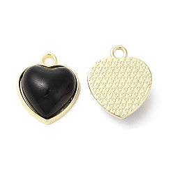 Negro Colgantes de la aleación, encantos del corazón de resina, dorado, negro, 16.5x14x6.5 mm, agujero: 2 mm