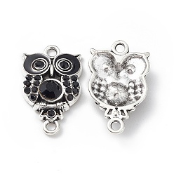Black Alloy Rhinestone Connector Charms, Owl Charms, with Enamel, Antique Silver, Black, 25x15x4.5mm, Hole: 2mm