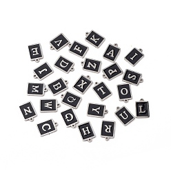 Black 304 Stainless Steel Pendants, with Enamel, Stainless Steel Color, Rectangle with Letter.A~Z, Black, 17.5x12x2mm, Hole: 1.5mm, about 26pcs/set
