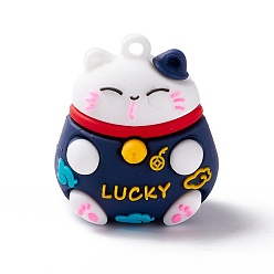Marine Blue PVC Cartoon Lucky Cat Doll Pendants, for Keychains, Maneki Neko, Marine Blue, 37x32x27mm, Hole: 3mm
