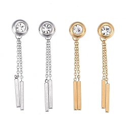 Mixed Color 304 Stainless Steel Chain Tassel Earrings, with Ear Nuts and Cubic Zirconia, Bar & Flar Round, Mixed Color, 45mm, Pin: 0.7mm
