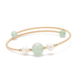 Aventurine Verte Bracelet jonc perlé rond aventurine verte naturelle et perle, bracelet torque en laiton pour femme, or, diamètre intérieur: 2-1/4 pouce (5.6 cm)