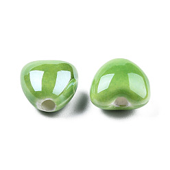 Verde Claro Cuentas de porcelana hechas a mano perlado, corazón, verde claro, 10x10x7 mm, agujero: 1.8 mm