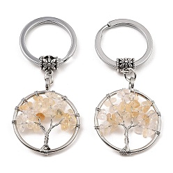 Citrine Natural Citrine Flat Round with Tree of Life Pendant Keychain, with Iron Key Rings and Brass Finding, 6.5cm