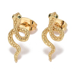 Real 18K Gold Plated Green Cubic Zirconia Snake Stud Earrings, Brass Jewelry for Women, Lead Free & Cadmium Free, Real 18K Gold Plated, 16.5x7.5mm, Pin: 0.8mm