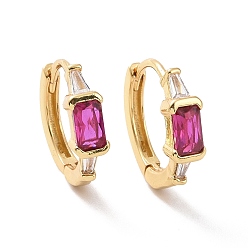 Medium Violet Red Cubic Zirconia Rectangle Hoop Earrings, Real 18K Gold Plated Brass Jewelry for Women, Cadmium Free & Nickel Free & Lead Free, Medium Violet Red, 13x14.5x4mm, Pin: 0.8mm