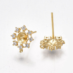 Real 18K Gold Plated Brass Stud Earring Findings, For Half Drilled Beads, with Loop, Cubic Zirconia, Nickel Free, Real 18K Gold Plated, Flower, Clear, 10x8.5mm, Hole: 0.8mm, Pin: 0.8mm
