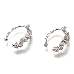 Platinum Brass Cuff Earrings, with Clear Cubic Zirconia Long-Lasting Plated, Rectangle, Platinum, 15x4.5x2.5mm