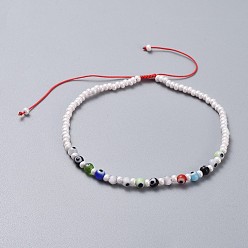 Mixed Color Adjustable Nylon Thread Anklets, with Handmade Evil Eye Lampwork Beads and Glass Seed Beads, Round, Mixed Color, 2-1/2 inch~3-3/8 inch(6.5~8.7cm)