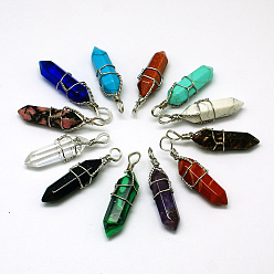 Mixed Stone Natural Gemstone Double Terminated Pointed Pendants, with Brass Pendant Settings, Faceted, Bullet, Platinum Metal Color, 35~45x10~13mm, Hole: 3mm