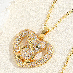 Clear Real 14K Gold Plated Brass Cubic Zircon Pendant Necklace for Women, Heart with Bear, Clear, 17.72 inch(45cm)