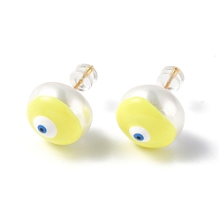 Champagne Yellow Natural Shell Evil Eye Stud Earrings with Enamel, Real 18K Gold Plated Brass Jewelry for Women, Champagne Yellow, 14mm, Pin: 0.8mm