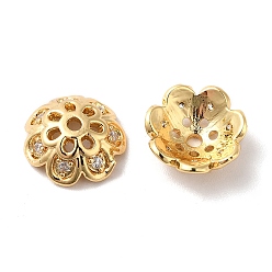 Real 18K Gold Plated Brass Micro Pave Cubic Zirconia Bead Cap, 7-Petal Flower, Real 18K Gold Plated, 11x4mm, Hole: 1.4mm