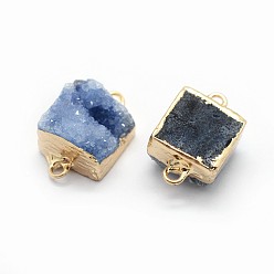 Bleu Acier Clair Connecteurs de liens de quartz druzy naturel, avec les accessoires en laiton, carrée, or, bleu acier clair, 14~18x9~10x6~8mm, Trou: 2mm