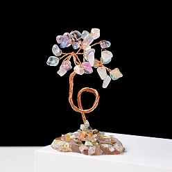 Fluorite Natural Gemstone Chips and Natural Fluorite Pedestal Display Decorations, with Rose Gold Plated Brass Wires, Lucky Tree, 60~131mm