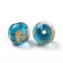 Turquoise Moyen Perles de verre de feuille d'or faites la main de , ronde, turquoise moyen, 10x9~10mm, Trou: 1.6~2mm