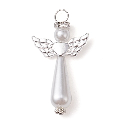 Argent Perle d'imitation acrylique avec pendentifs en alliage, ange, argenterie, 39.5x22x8mm, Trou: 4.5mm