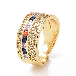 Real 18K Gold Plated Colorful Cubic Zirconia Rectangle Open Cuff Ring, Brass Jewelry for Women, Real 18K Gold Plated, Inner Diameter: 17mm