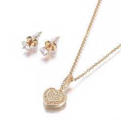 Golden 304 Stainless Steel Jewelry Sets, Brass Micro Pave Cubic Zirconia Pendant Necklaces and 304 Stainless Stud Earrings, with Plastic Ear Nuts/Earring Back, Heart, Golden, 17.72 inch(45cm), 1.5mm, 15x5.5mm, Pin: 0.7mm