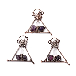 Red Copper Natural Quartz Crystal and Amethyst Big Pendants, with Tin Findings, Lead & Nickel & Cadmium Free, Triangle, Red Copper, 73x68.5x10.5mm