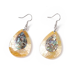 Platinum White Shell & Abalone Shell/Paua Shell Dangle Earrings, with Brass Ice Pick Pinch Bails and Earring Hooks, Teardrop, Platinum, 55mm, Pin: 0.7mm