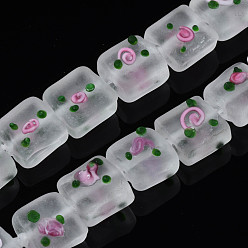 Clear Handmade Frosted Lampwork Beads Strands, Square with Flower, Clear, 13~14.5x12~13x7~9mm, Hole: 1.5mm, about 35pcs/strand, 17.72 inch(45cm)