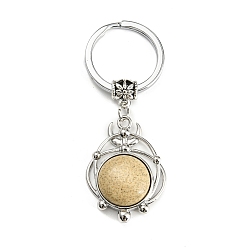Jaspe Image Porte-clés pendentif en jaspe photo naturel, plat rond, avec les accessoires en laiton, argent antique et platine, 65~66mm