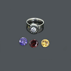 Stainless Steel Color 304 Stainless Steel Finger Rings, with 4-Color Rhinestones, Stainless Steel Color, Size 9, 19mm