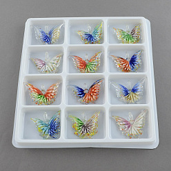 Mixed Color Handmade Lampwork Glass Butterfly Pendants, Mixed Color, 38~45x44~50x8~12mm, Hole: 5~11mm, 12pcs/box